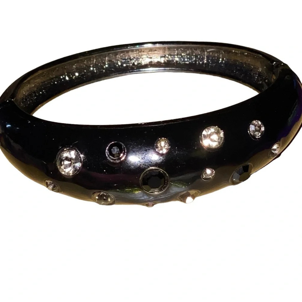 Vintage Black Enamel Rhinestone Clamp Clamper Bangle Bracelet Silver Tone